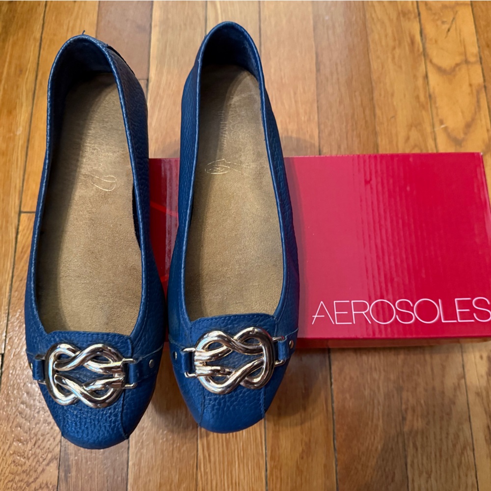 AEROSOLES Women's Navy Loafers with Silver Accent